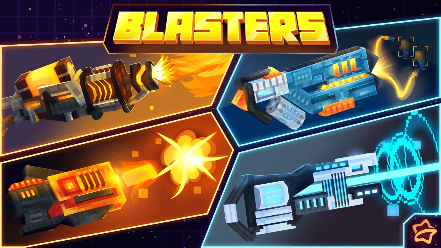 Blasters key art showing four sci-fi blasters